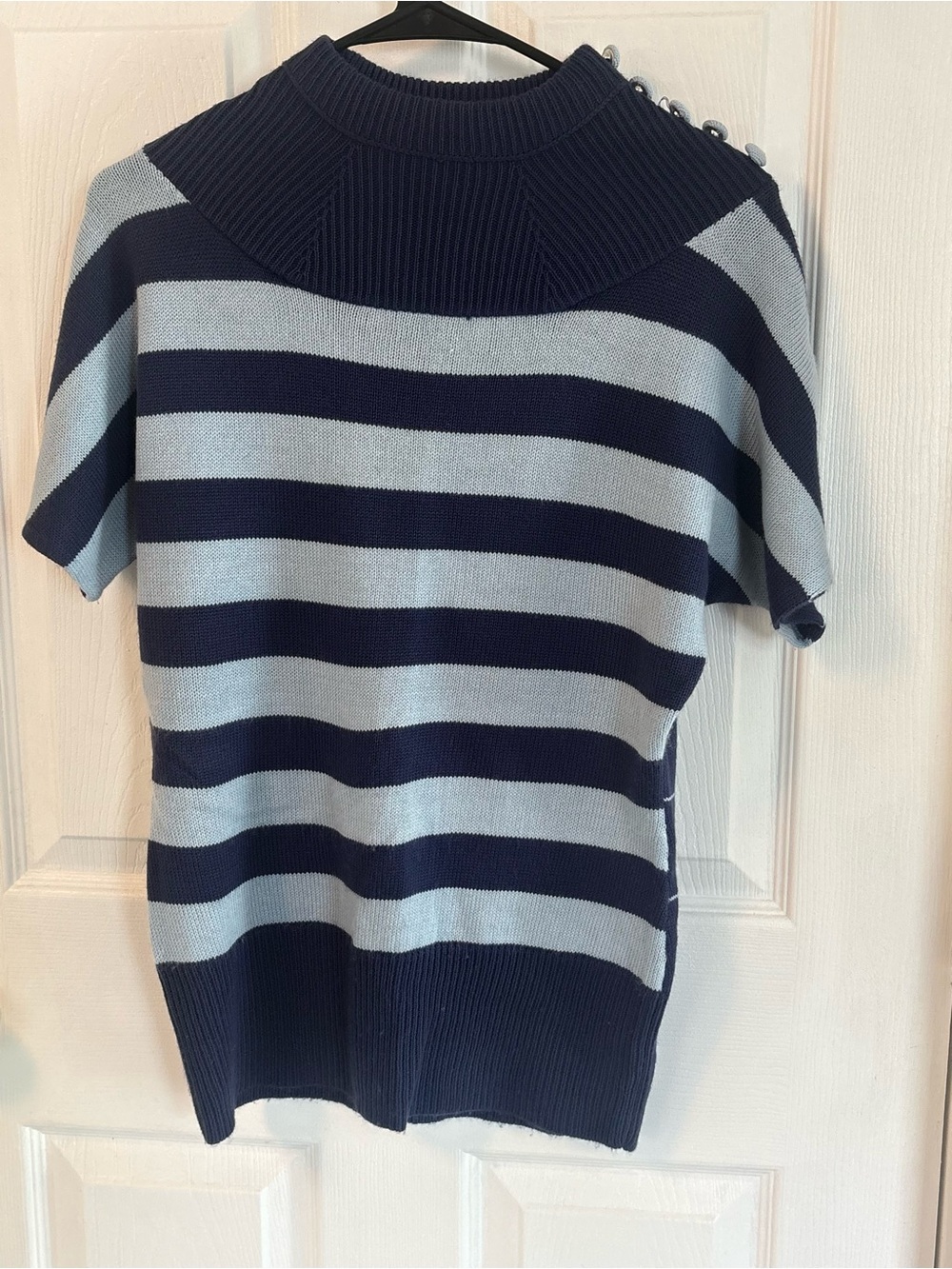 Y2K dELiA*s Navy Blue Striped Knit Sweater Size L Button Shoulder Short Sleeve